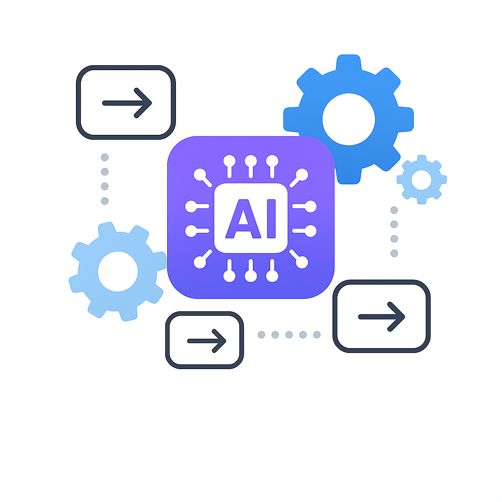 Illustration showing an AI robot connected to a process workflow diagram, representing AI Automation.