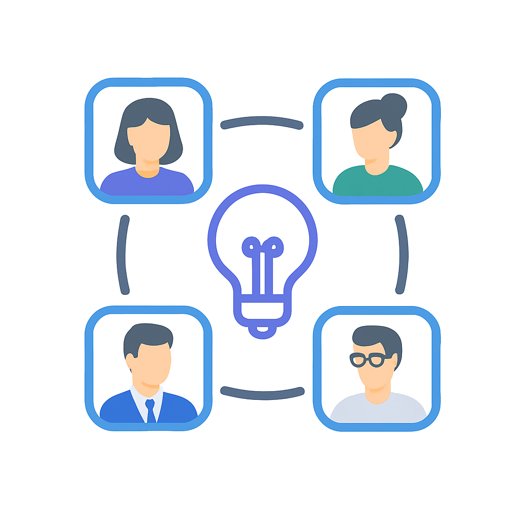 Illustration of three diverse professionals collaborating around a laptop, with AI and chat icons above them, representing collaborative AI expertise.
